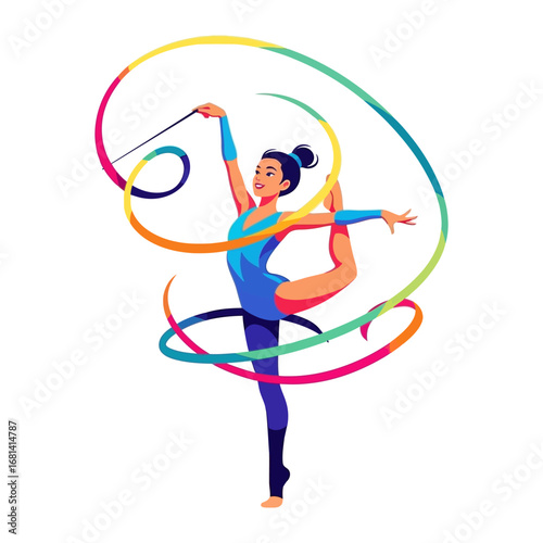 Dynamic Rhythmic Gymnastics: A graceful gymnast, poised in a dynamic pose with a colorful ribbon, artfully embodies athleticism and artistic expression in the world of sports and movement.