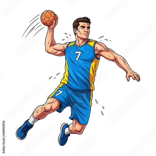Handball Action: Capturing the dynamism of handball, a robust athlete is frozen in motion as they prepare to throw the ball. This vibrant illustration showcases the essence of the sport.