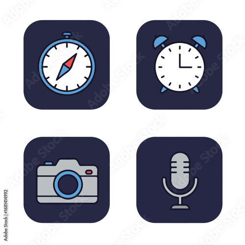 Icon Set Displaying Compass, Clock, Camera and Microphone on Dark Blue