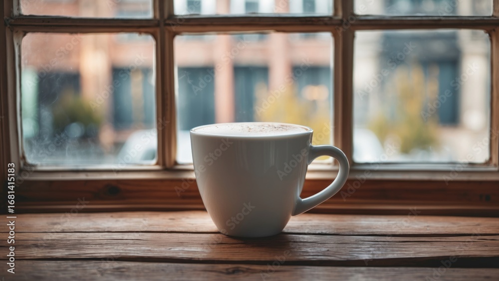 Fototapeta premium Coffee cup placed on a wooden table beside a window