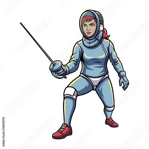 Fencing: A focused fencer prepares to engage in a thrilling bout, exuding determination and skill in her posture, with weapon pointed and eye focus, captured through vector art style.