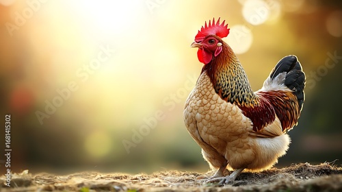 Close-up view of a beautiful colorful chicken standing outdoors with Bokeh light in the background.