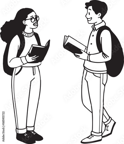 Creative educational artwork showing teenage boys leaving the school building in a casual lifestyle scene.
