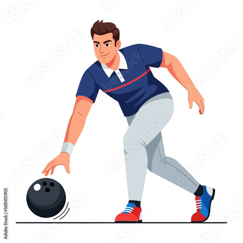 Focused Bowling Action: This dynamic illustration showcases a bowler in mid-action, releasing the bowling ball with precision and focus, capturing the essence of the sport in an eye-catching graphic.
