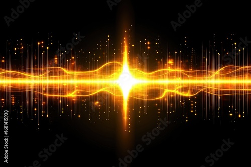 A vibrant, golden energy wave emanates from a central bright point, rippling across a dark background speckled with golden particles, creating a dynamic, almost musical, visual effect