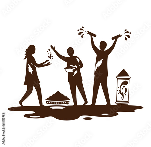 People celebrating holi festival with colored powder and water guns in a brown silhouette