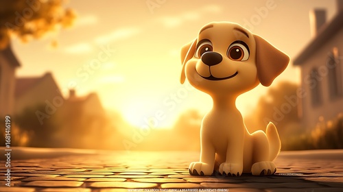 Realistic 3D image of a puppy in an outdoor orange light atmosphere.