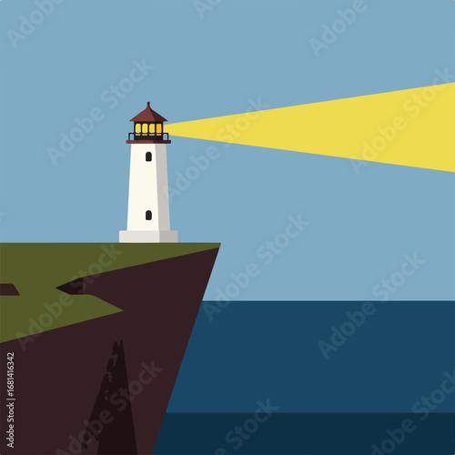 Lighthouse shines light onto the sea from top of a coastal cliff