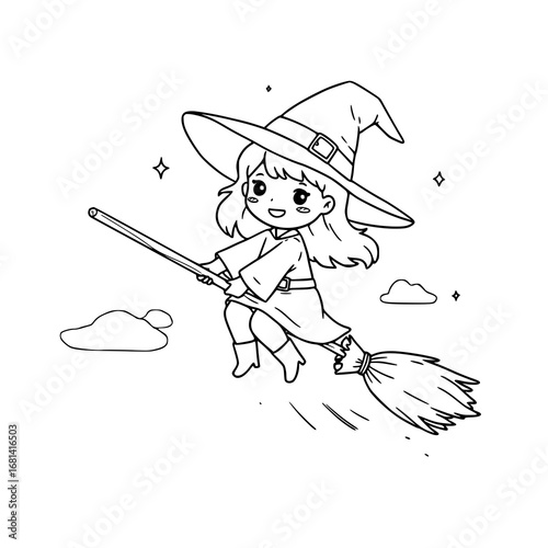 Cute Witch Flying on a Broomstick Coloring Page