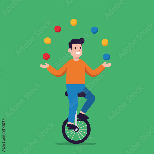 Person Juggling on Unicycle in Green Studio
