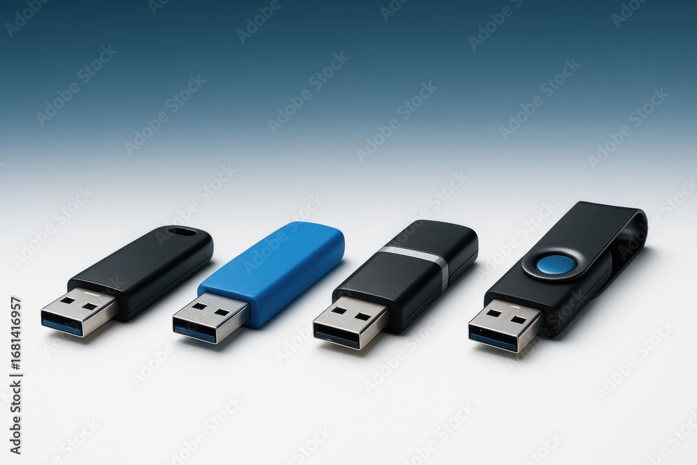 Fototapeta premium Array of USB storage devices aligned in a row