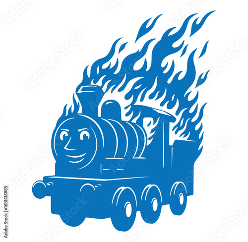 Smiling blue locomotive emitting fiery flames isolated on a white background for creative design