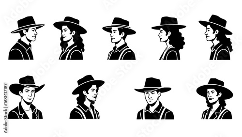 A collection of minimalist illustrations showcasing individuals wearing hats, Each figure is captured in a classic style. Focus is drawn to the simple design.