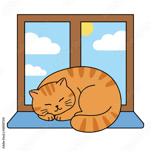 Sleeping cat resting peacefully on a window sill, a sunny sky visible outside