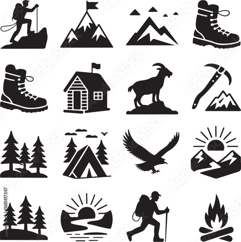 Hiking and outdoor adventure silhouette icons set Keywords: hiking, mountaineering, camping