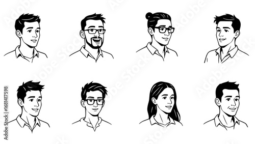 A collection of sketched portraits of diverse individuals, each with unique expressions and features, providing a captivating study in human character.