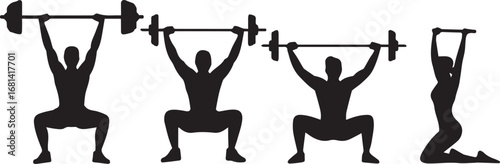 Weightlifting Silhouettes Showcasing Different Stages and Exercises Involving Barbells and Overhead Movements Including a Pull-up Silhouette