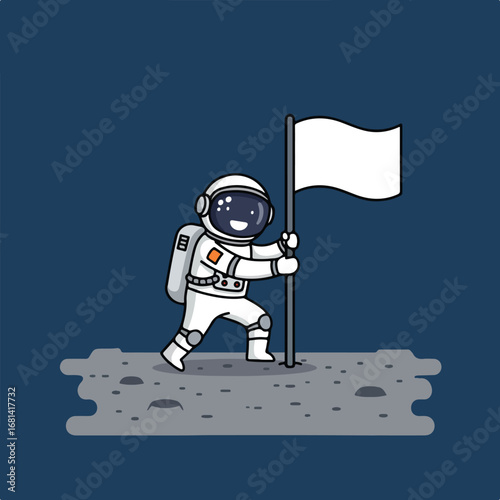 Astronaut holding flag on the moon with space rocks and dark backdrop