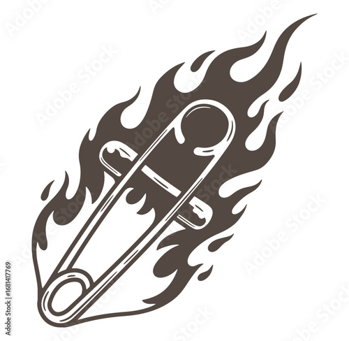 Vector illustration of a fiery safety pin design symbolizing punk rock style