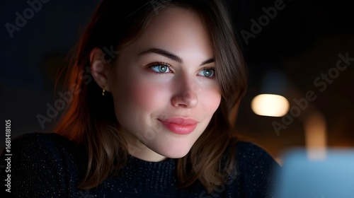 A close-up portrait of a young woman with striking blue eyes and a contemplative expression  captured in warm  dramatic lighting against a dark background.
