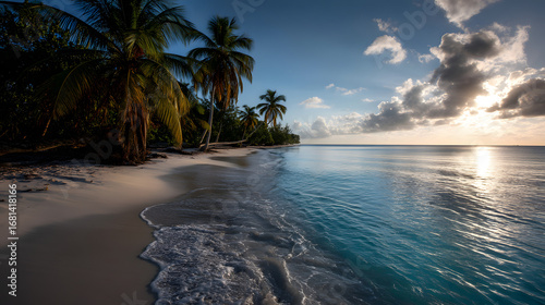 A serene tropical beach with turquoise waters, soft hite sand, and tall palm tees silhouetted against th setting sun.