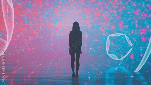 Woman Standing in Abstract Data Network Visualization with Glowing Nodes and Lines