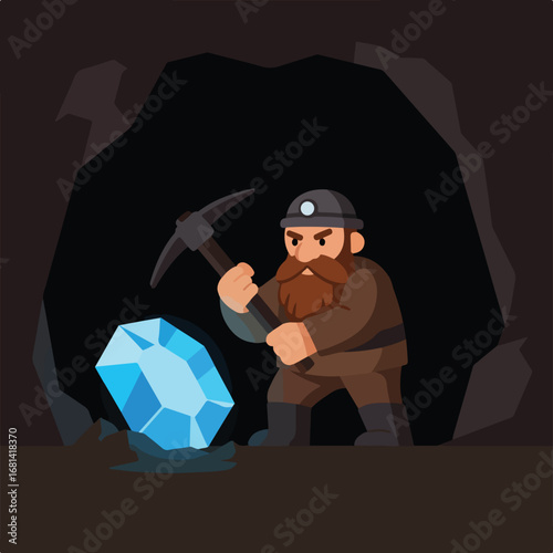 Cartoon Miner Mining Diamond Inside Dark Cave
