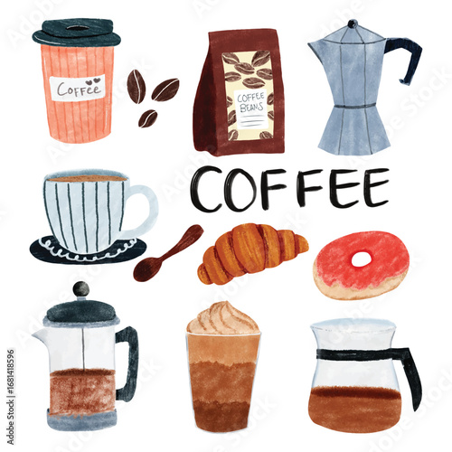 Coffee element set. Coffeehouse stuff flat vector illustrations isolated on white background.