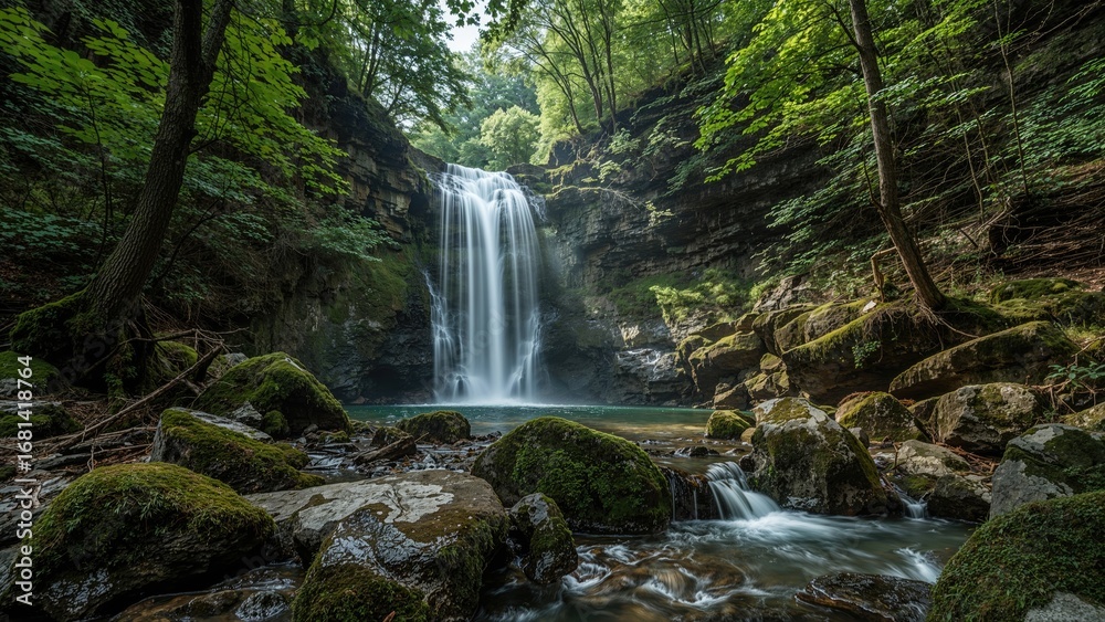 Naklejka premium Peaceful cascade nestled in a vibrant green woodland setting