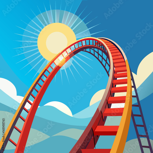 Roller coaster track ascending towards the sun on a bright summer day