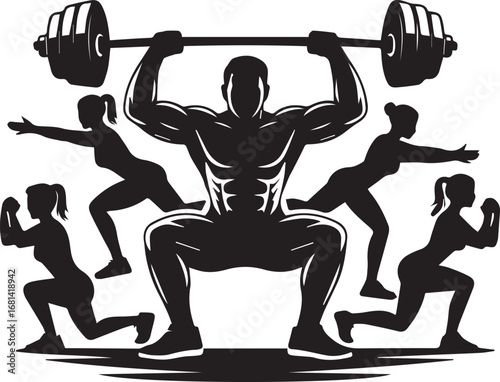 Dynamic Fitness Black Silhouette of Weightlifter Squatting Amongst Women Performing Lunges in Aerobic Group Fitness Training