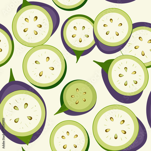 Seamless pattern of sliced green zucchini with purple skin