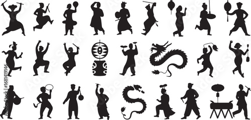 Black silhouettes of people and dragon in traditional attire performing various actions culture