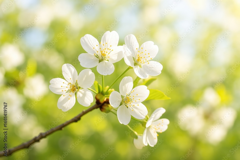Obraz premium Sunny spring scenery featuring delicate white cherry blossoms