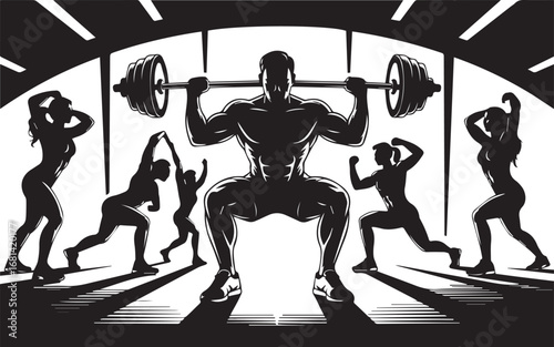 Silhouette Illustration of a Weightlifter Squatting with a Barbell Surrounded by People Stretching and Exercising in a Gym