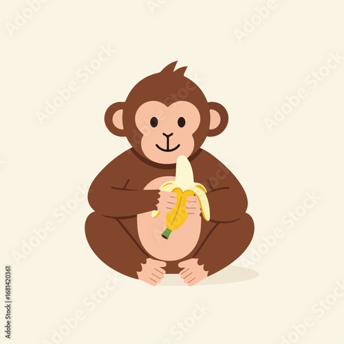 Monkey Holds and Peels Banana in Studio - Animal Nutrition on Clean Background