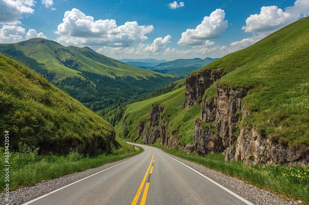Naklejka premium Road flanked by towering cliffs in a vertical perspective