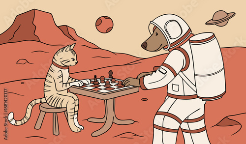 "A cat and dog dressed as astronauts playing chess on Mars, detailed space suits, cinematic alien landscape, photorealistic humorous sci-fi stock image."