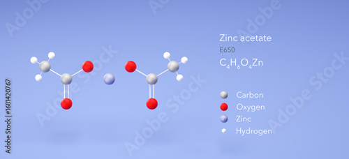 Photos zinc acetate molecule, molecular structure, e650 3d model, Structural Chemical F