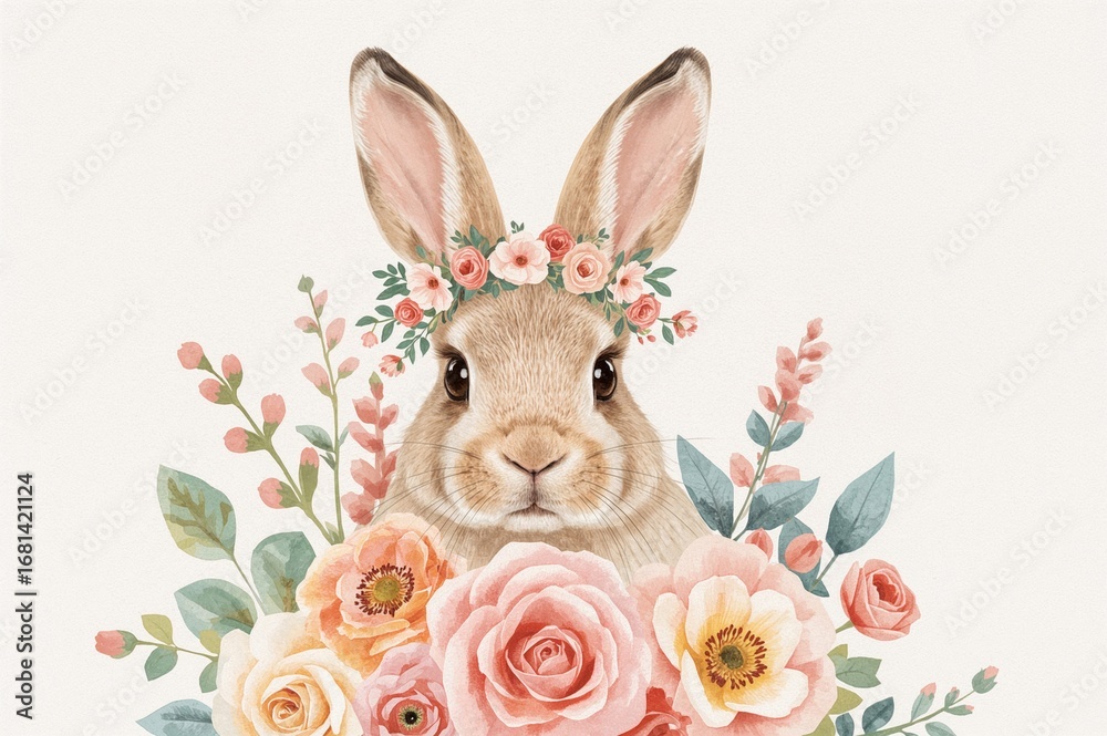 Obraz premium Floral crown adorned bunny ears in watercolor style