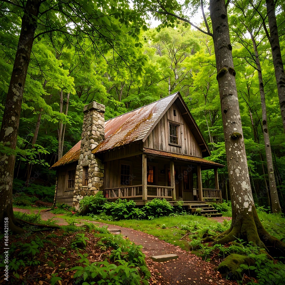 Fototapeta premium Rustic cabin nestled in lush forest