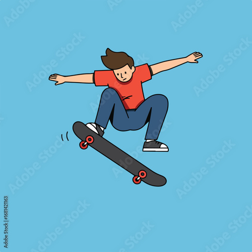 Person doing trick on Skateboard in Blue Background
