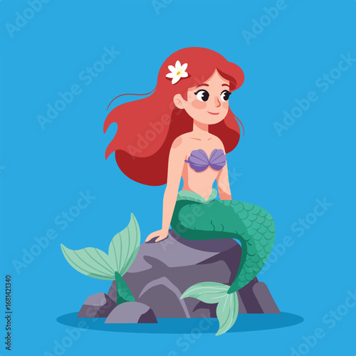 Mermaid Sitting Attentively on Rock in Ocean