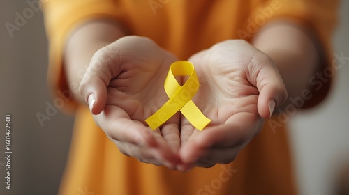 Young female holding yellow gold ribbon awareness symbol for endometriosis, suicide prevention, sarcoma bone cancer, bladder cancer, liver cancer and childhood cancer concept. Health care. Copy space.