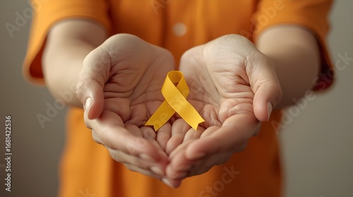 Young female holding yellow gold ribbon awareness symbol for endometriosis, suicide prevention, sarcoma bone cancer, bladder cancer, liver cancer and childhood cancer concept. Health care. Copy space.