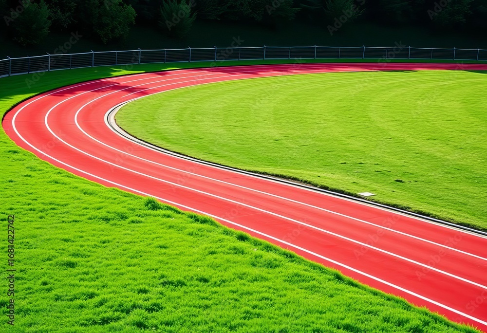 Obraz premium Red running track curves around a green field, athletic track, game