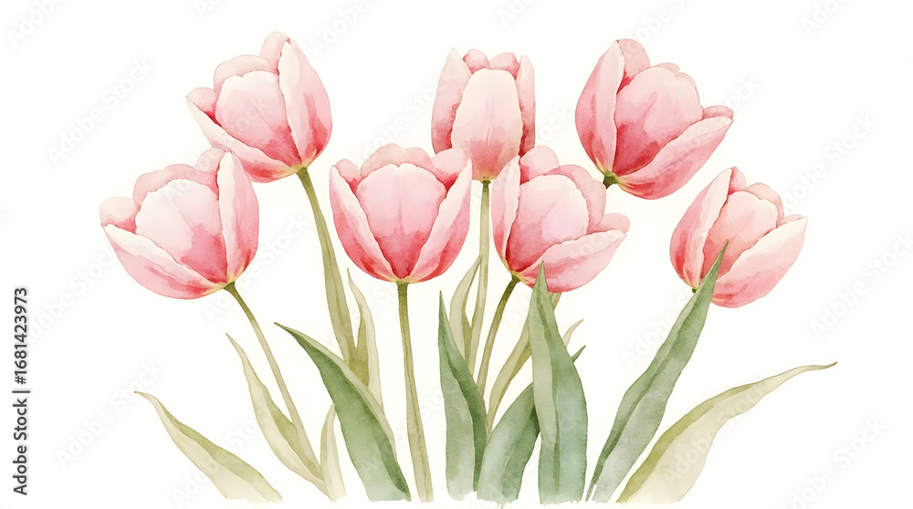 Fototapeta premium Watercolor Tulips Illustration Pink Flowers Isolated on White