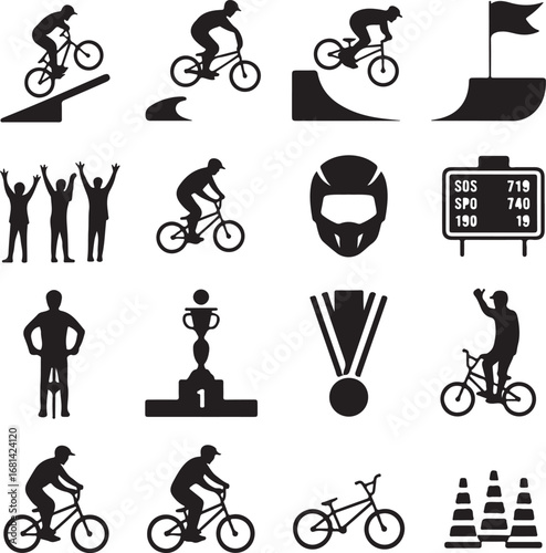 BMX Bicycle Sports Icons Silhouette Collection With Ramps And Trophies Keywords: BMX
