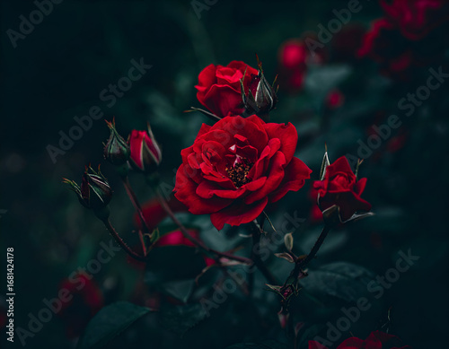 Wallpaper Mural Vibrant red roses and budding flowers bloom in a lush, dark garden, creating a moody and romantic floral display. Torontodigital.ca