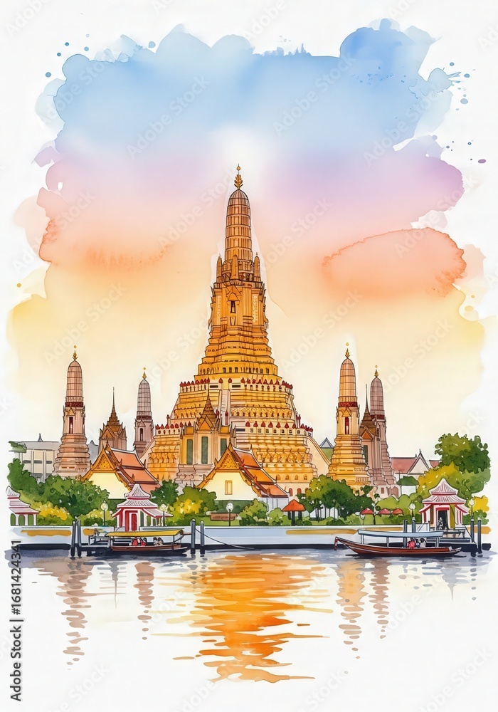 Obraz premium Watercolor illustration of a golden, ornate temple reflecting in calm water, with a colorful sky